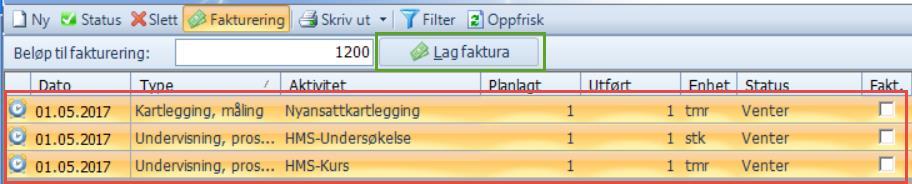 Når man har aktivert fakturering kan man markere de aktivitetene man ønsker å fakturere før man klikker på «Lag faktura»: Man kan markere alle aktiviteter ved å benytte hurtigtasten «ctrl+a», eller