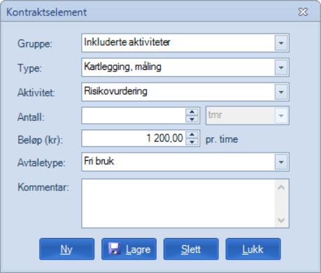 Man får da opp et vindu hvor man definerer detaljene i kontraktselementet: Det første man må ta stilling til er til hvilken kontraktsgruppe dette kontraktselementet skal tilhøre.