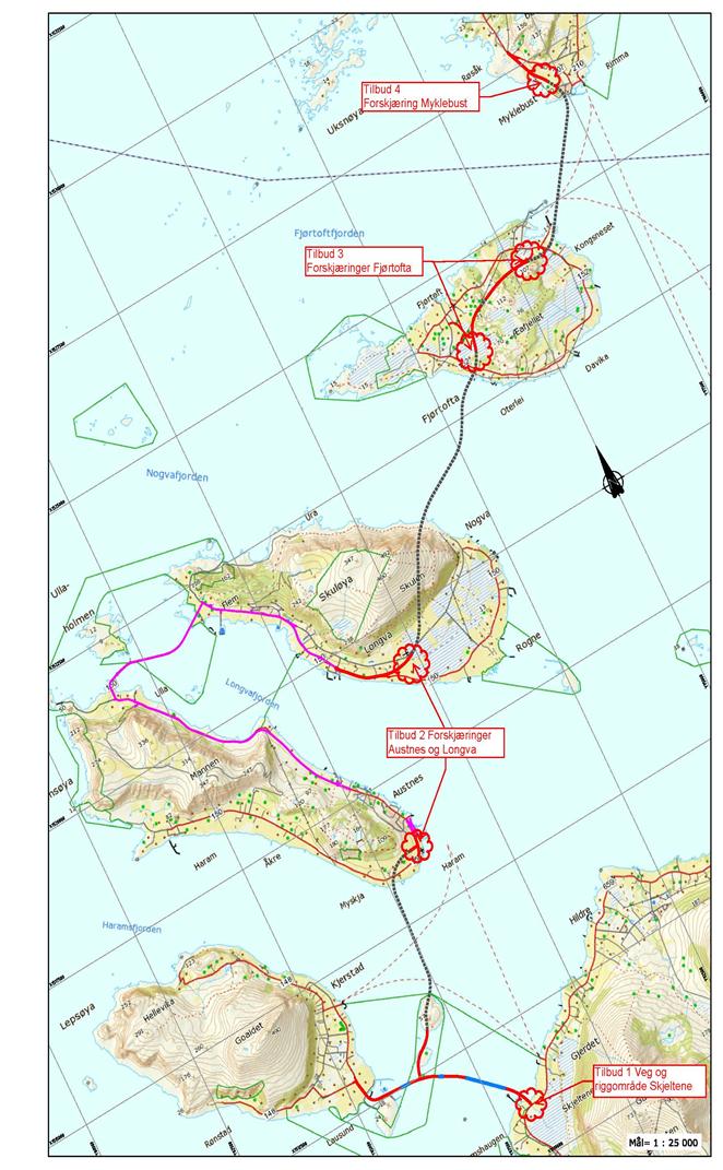 Fv. 659 Nordøyvegen Kontrakt 1: Veg og riggområde Skjeltene Gjelder i hovedsak opparbeidelse av riggområde på Skjeltene og bygging av anleggsveier Noen hovedmengder -