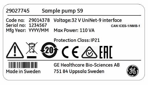 2 Sikkerhetsinstruksjoner 2.2 Merking 2.2 Merking Innledning Dette avsnittet beskriver sikkerhetsmerkene som er festet på Sample pump S9/S9H-instrumentet.