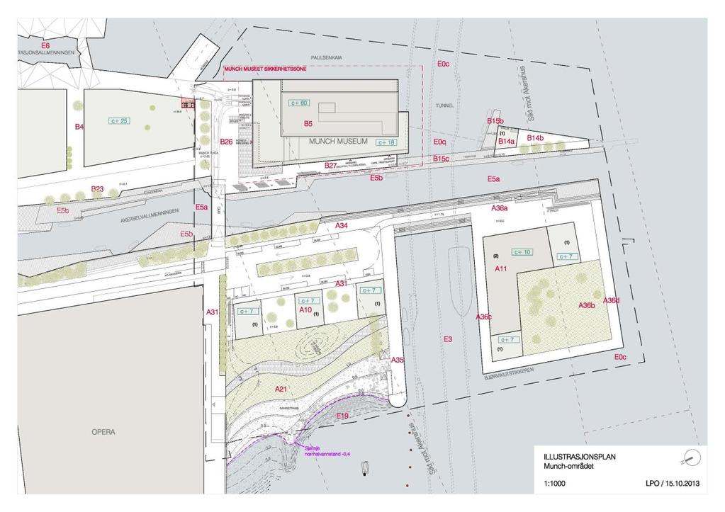 5 Figur 4:Illustrasjonsplan Munchområdet 4 SANNSYNLIGHETEN FOR SKIPSSTØT Et støt mot selve Munchmuseet vil bare kunne inntreffe hvis skipet som er på vei innover, passerer området hvor den eventuelle