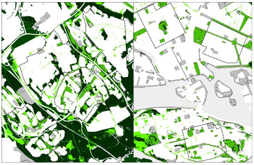 forskjellen mellom sentrale områder og boligfelt når det gjelder tilgang til grøntområder er, ifølge Ståhle, at grøntområdene i tette byområder har høyere bruksverdi, er klarere definert og mer