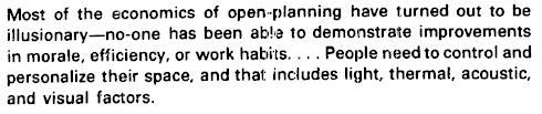 Fordeler og ulemper? Boje, A (1971). Open plan offices. London: Business Books Sommer R (1974). Tight Spaces: Hard Architecture and How to Humanize it. San Francisco: Prentice Hall. Etter: Hedge A.