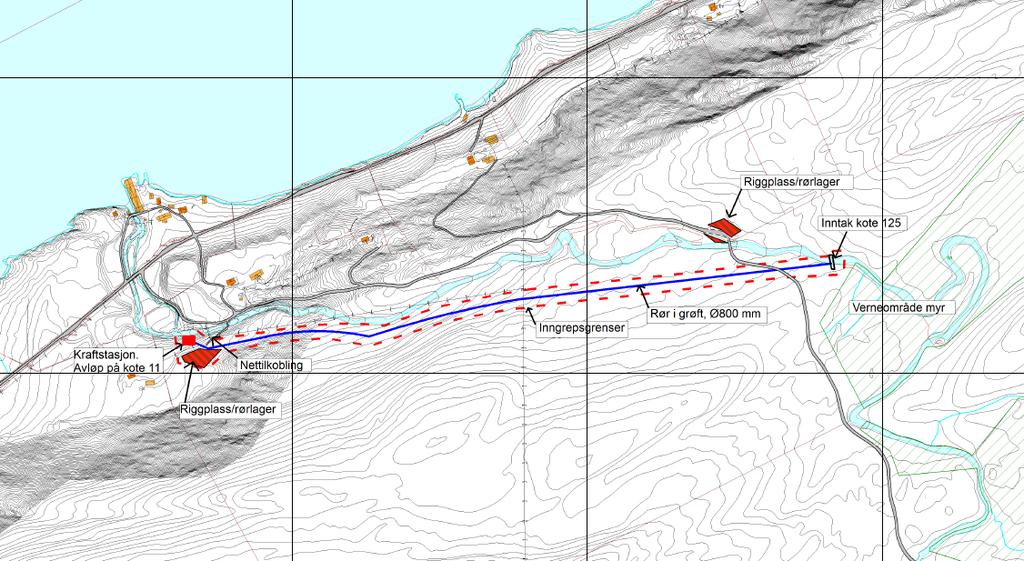 Elde kraftverk Inntaket er planlagt 75-80 meter, 5 høgdemeter, frå Eldedalen naturreservat med tema: myr. Det er lagt til grunn at anlegget skal utformast slik at myrområdet ikkje vert påvirka.