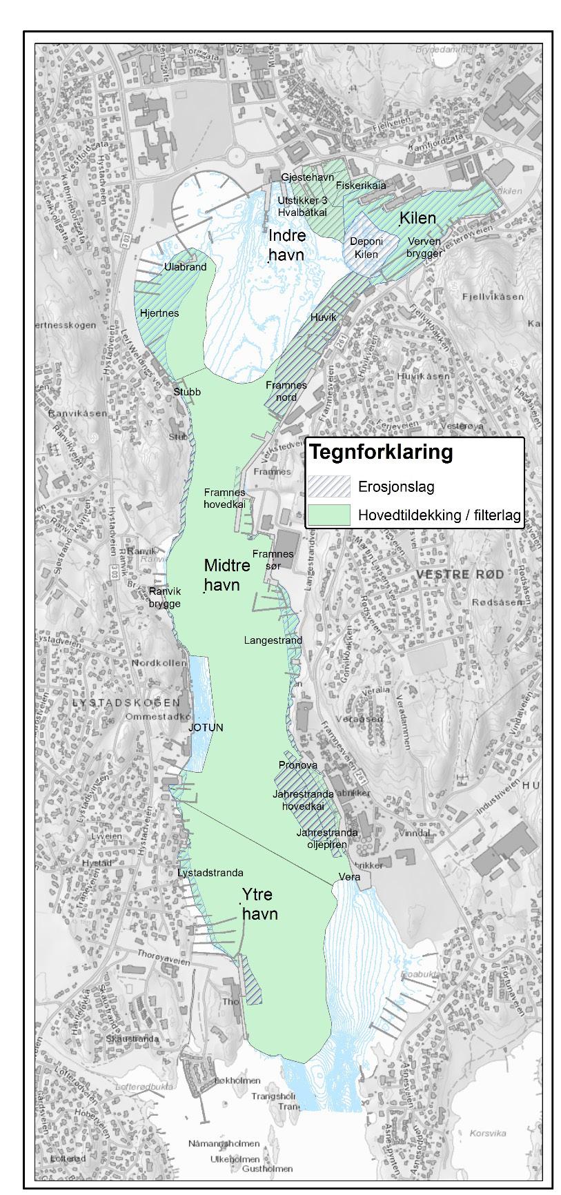 Side 14 av 48 Figur 6 Tiltaksområdene i Sandefjordsfjorden. Tildekkingsarealer er gitt i grønn farge.