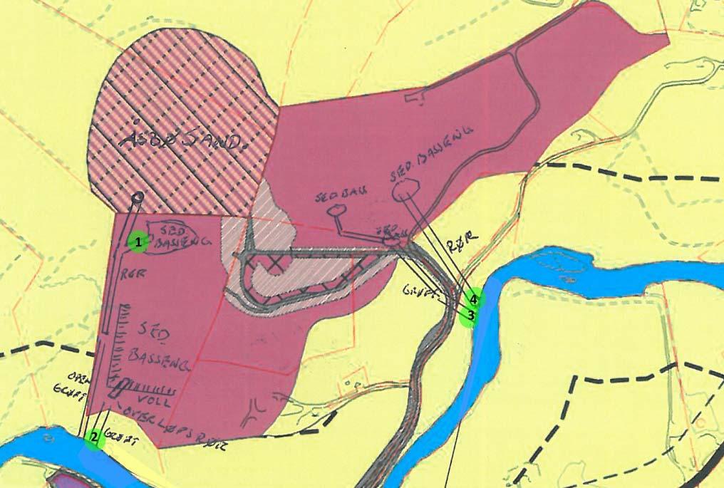 Side 3 av 8 5 Figur 2 De fire prøvestedene som måler på utløp fra Etne Sand og Pukk AS er markert med grønt og nummer og det femte prøvepunkt som måler på utløp fra både Åsbø sand og Etne Sand og