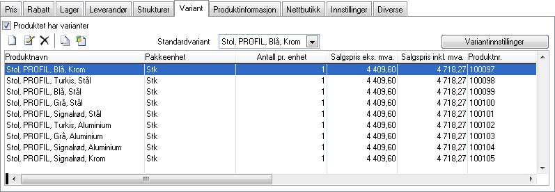 Mamut Enterprise Variant Eksempel på variantegenskaper og -verdier: Variantegenskap: Farge Farge Farge Farge Farge Variantverdier: Blå Rød Grønn Gul Hvit Les mer nedenfor om hvordan du legger til