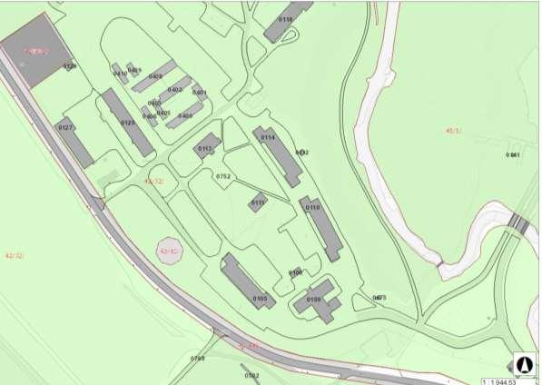 Inventarkart dagens situasjon. Nordvestre del av den opprinnelige tunet (nord for 0113) er bebygd med boliger.(kart: Forsvarsbygg).