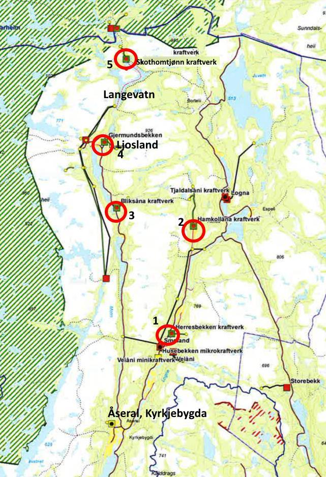 Saksopplysninger Norges vassdrags- og energidirektorat har sendt på høring 5 småkraftverk i Åseral. Prosjektene er nummerert på kartet, og numrene følger de ulike prosjektene gjennom saken.