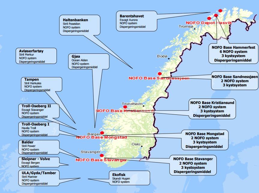 Oseberg samt vurdering av behov 3.5.3.4 Oljevernressurser utstyrsplassering og forutsetninger Figur 3-4 viser plasseringen av NOFO-utstyr per desember 2015.