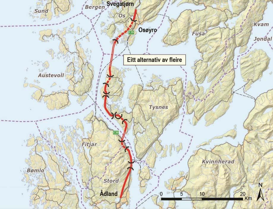 E39 Ådland - Svegatjørn» Kostnad: 39.200 mill. kr (føreset 14.000 mill. kr i bompengar) Strekninga er ca. 52 km lang og er ein del av ny hovedveg mellom Bergen og Stavanger.