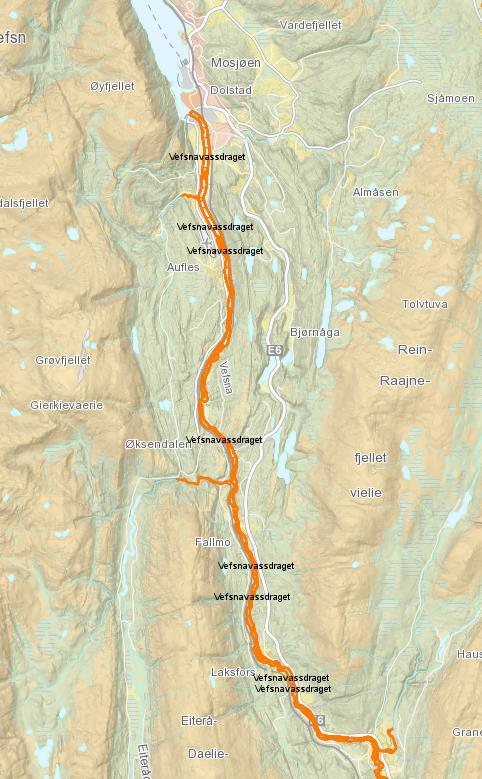 Figur 16 Vefsna. Elvestrekning oppført som lakseførende i Lakseregisteret er markert med oransje. Start- og stopp-punkt for drivtelling er markert med hhv. sort pil og rød strek.