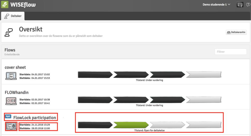 Flowoversikt Når du logger på WISEflow vil du se alle flowene du er meldt opp til. I oversikten finner du en liste med alle aktive vurderinger hvor du er oppmeldt som student.