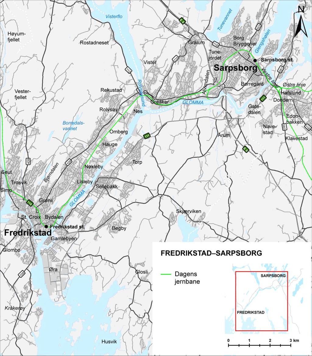 23 av 64 Figur 9 - Visualisering av dagens bane og veg Seut Rolvsøy kirke Inn mot Fredrikstad stasjon ligger jernbanen parallelt med rv. 110, med kort tunnel gjennom St. Hansfjellet.