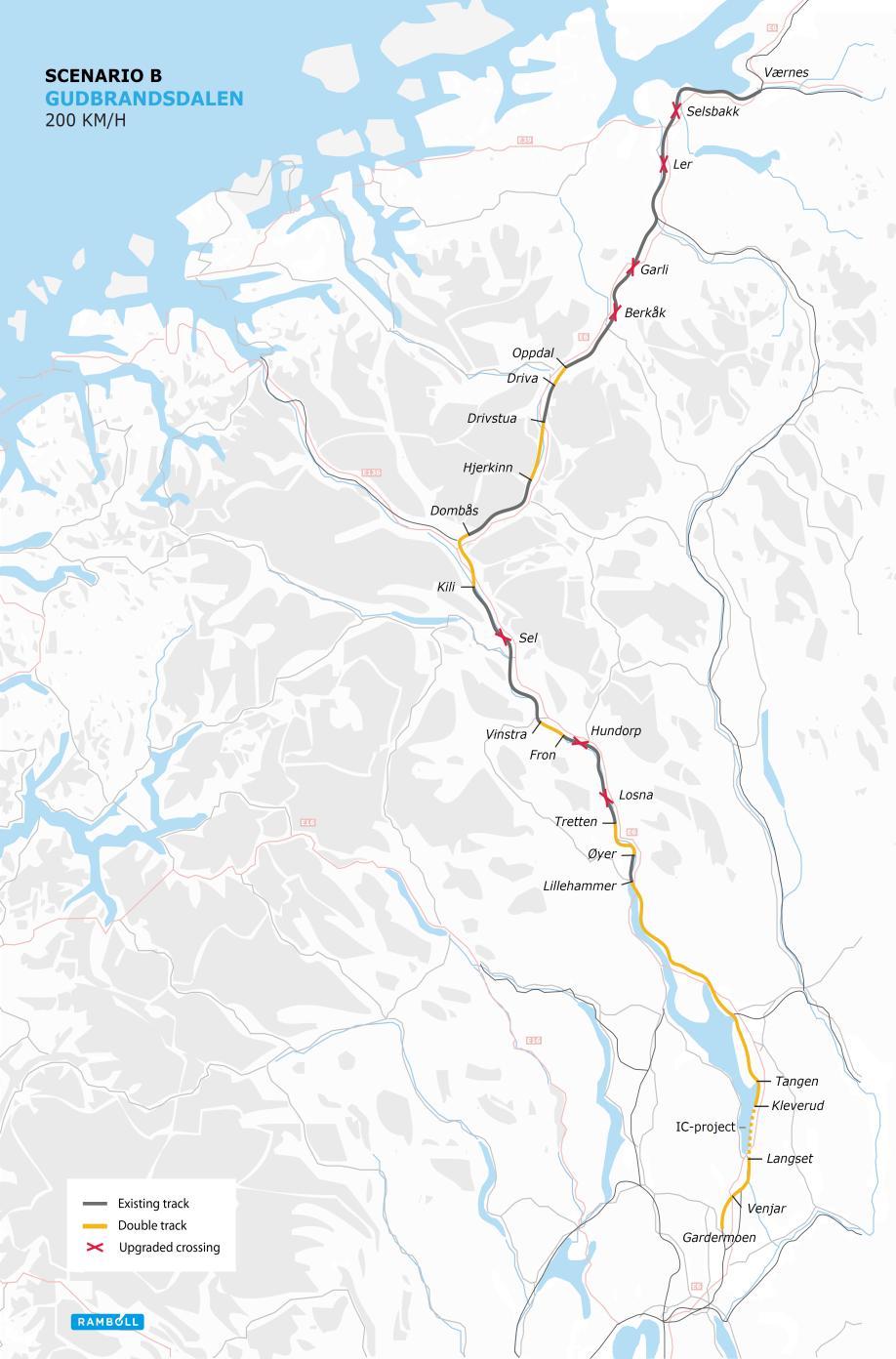 Scenario B: Gudbrandsdalen Reisetidsforkortelse: 20% (fra 6:40 til 5:20 Oslo-Trondheim) Ny IC-linje (dobbeltspor) Gardermoen- Lillehammer: