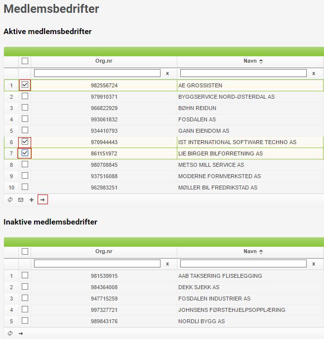 Aktive medlemsbedrifter/inaktive medlemsbedrifter Opplæringskontorene kan her flytte medlemsbedriftene mellom disse oversiktene etter eget ønske ved å