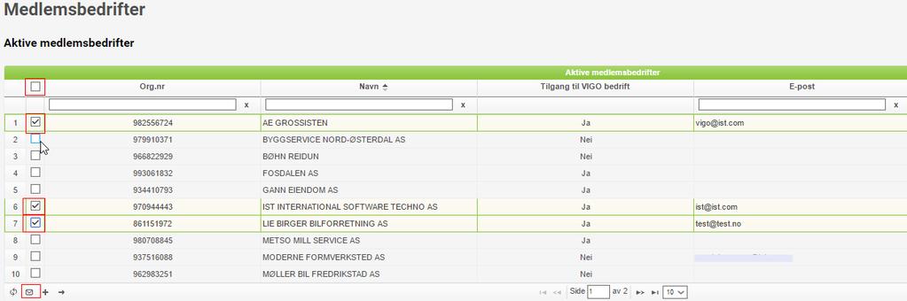 Tar du vekk filtreringen vil alle ansatte i medlemsbedriften listes Epost til medlemsbedrifter.