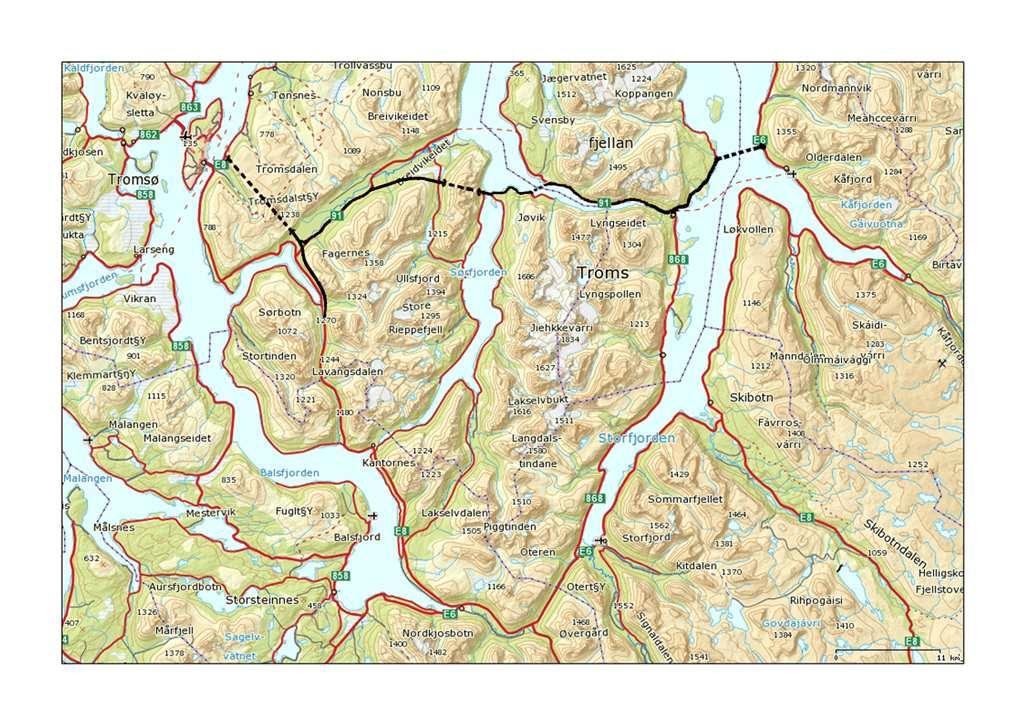 Skisse Ullsfjord-forbindelse (UFB): Nordområdesatsing. Tindtunnelen utgjør den sørligste biten i en samlet oppgradering av vegnettet mellom Tromsø og Nord-Troms, Finnmark og Nordvest-Russland.