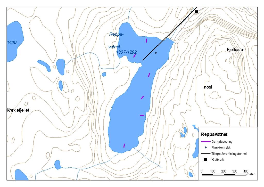 .. Reppavatnet Reppavatnet (innsjønummer 55) ligg i Aurlandsvassdraget i Aurland kommune (figur ). Vatnet er,33 km² stort, høgaste regulerte vasstand er 37 moh. og reguleringshøgda er 5,5 meter.