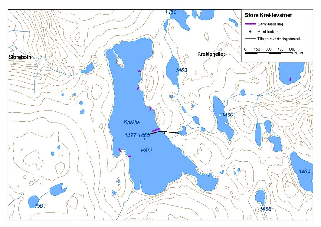 .. Store Kreklevatnet Store Kreklevatnet (innsjønummer 56) ligg i Aurlandsvassdraget i Aurland kommune (figur ). Vatnet er,3 km² stort, høgaste regulerte vasstand er 77 moh.