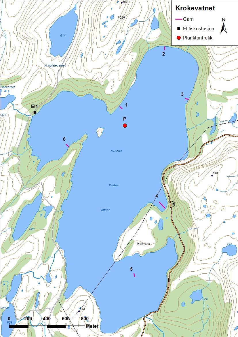 4.3.3 Krokevatnet Krokevatnet (innsjønummer 2141) ligg i Matrevassdraget i Høyanger kommune (figur 11 og bilete 1). Magasinet er 2,86 km² stort, høgaste regulerte vasstand er 597,3 moh.