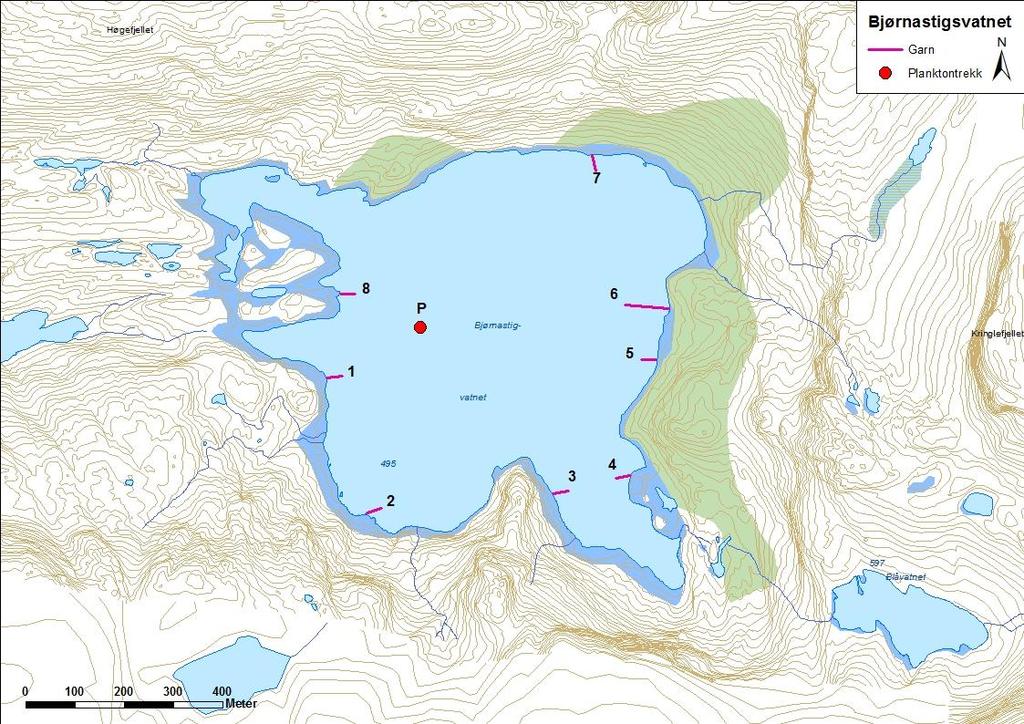 4.4.5 Bjørnastigvatnet Bjørnastigvatnet ligg i Skorvenvassdraget i Gaular og Askvoll kommune (figur 32). Magasinet er 0,63 km² stort og høgaste regulerte vasstand er 492 moh.
