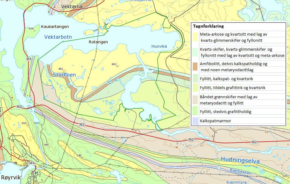 Figur 3: Kart over bergrunn i og rundt verneområdet. Grunnkartet er hentet fra Norges geologiske undersøkelse (NGU) den 16.05.14.