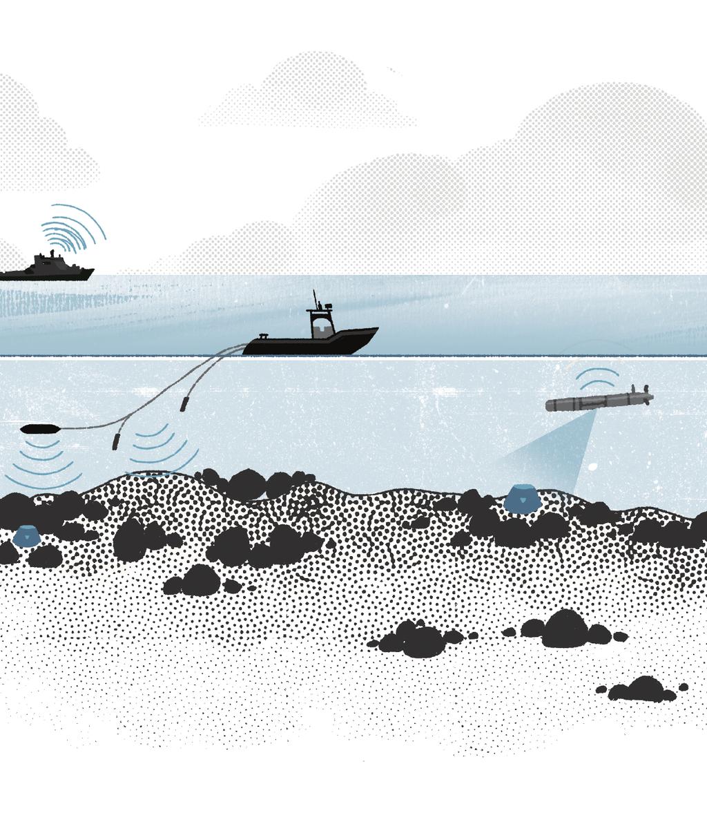 I framtidens mineforsvar vil en ubemannet ubåt (Hugin) kartlegge havbunnen. Miner som oppdages, uskadeliggjøres med et fjernstyrt engangsvåpen som sendes ut fra en ubemannet båt.