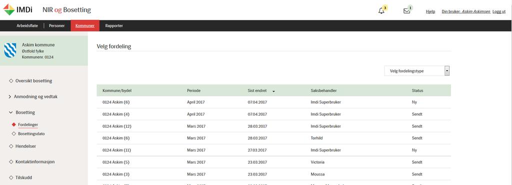 Fordeling svare på fordeling For å svare på en ny fordeling, klikker du på navnet på fordelingslisten, her0124 Askim fra April 2017.