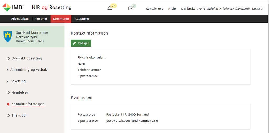 KONTAKTINFORMASJON Kontaktinformasjon til kommunen finner du under Kontaktinformasjon i venstremenyen når du er på menypunktet Kommune.