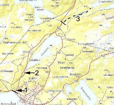 Figur 3.2 Kart over Oklavassdraget, Bjugn. Svarte streker viser grense for utbredelse av muslinger. Lokaliteter i elva som ble undersøkt er avmerket (1-3). På lok.