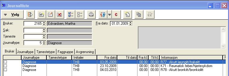 Når du skal lese diagnosejournaler vær spesielt obs på dato-feltet slik at det vises alle diagnoser. Det kan være at diagnoser er registrert år tilbake i tid.