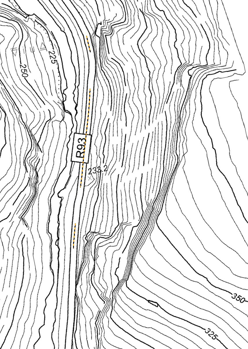 Figur 20: Kartutsnitt skredpunkt Kløfta II, m3335-3355, Kløfta III, m3420-3520 og Kløfta