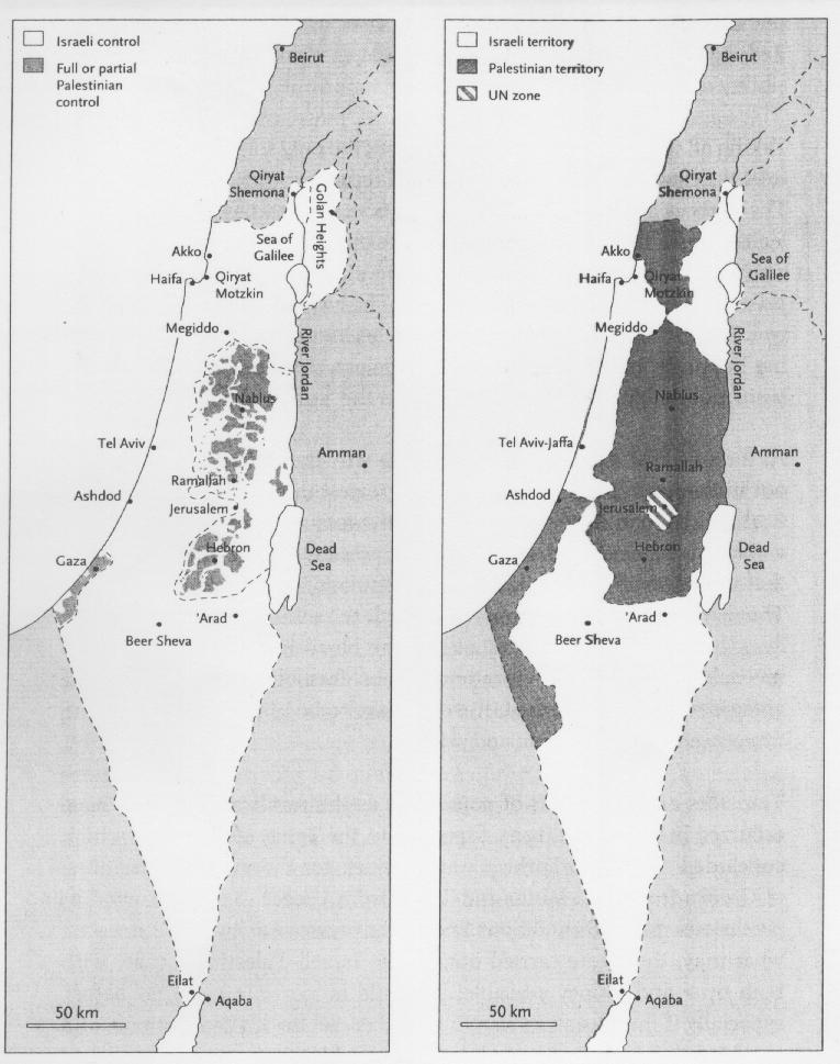 Figur 1: Venstre kart: Den nåværende oppdeling av Palestina Høyre kart: FNs