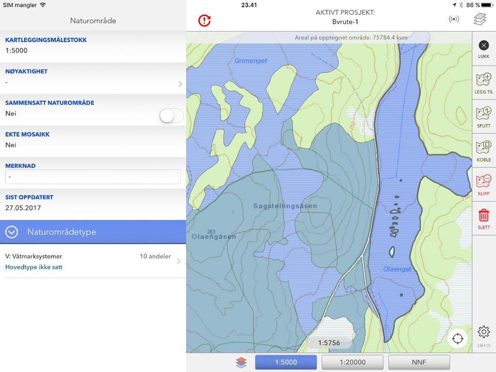 Eksemplene og illustrasjonene tar utgangspunkt i prosjekt med flere kartleggingslag, men all beskrevet funksjonalitet er generell for appen.