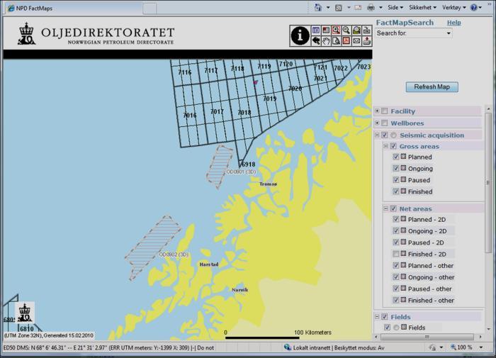 Eksempel på kart tatt ut 15.2.2010: Faktasider Seismisk innsamling ligger på versjon 2 av Faktasidene.