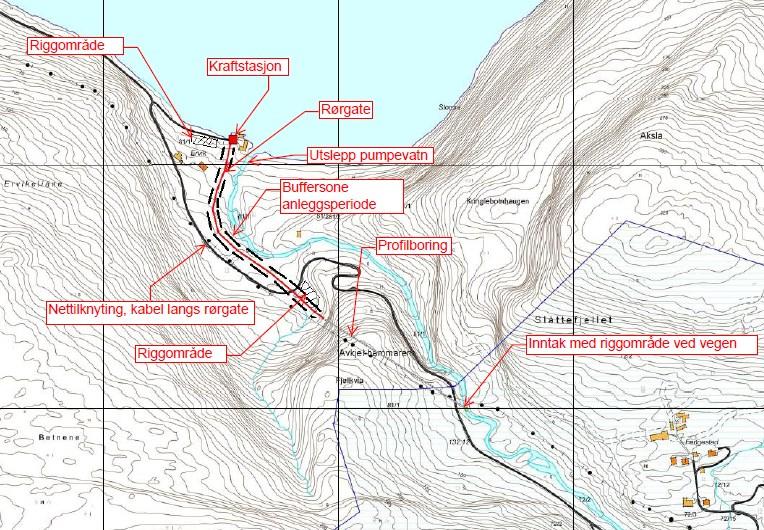Side 2 av 6 Torvik kraftverk. Inntak på kote 125. 340 meter profilbora tunnel gjennom Avkjelhammaren. 490 meter nedgravd rørgate (raud strek). Kraftstasjon ved Førdefjorden, kote 0.