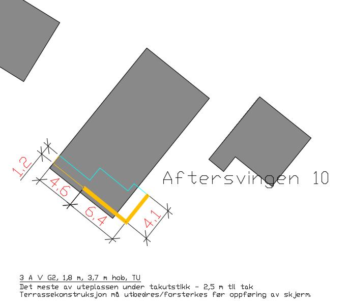 Beskrivelse av tiltak: Planfigur beskriver foreslått plassering av skjerm samt lengde. Skjerm på treterrasse, type A med øverste del av glass og brystning av tre, vertikal kledning.