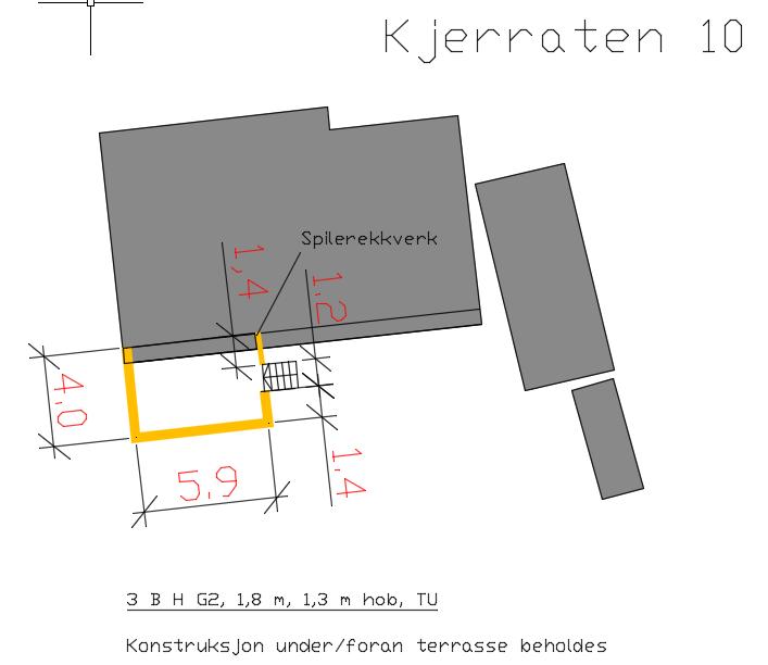 Beskrivelse av tiltak: Planfigur beskriver foreslått plassering av skjerm samt lengde. Skjerm på treterrasse, type B med øverste del av glass og brystning av trespiler.