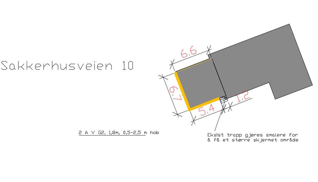 Beskrivelse av tiltak: Planfigur beskriver foreslått plassering av skjerm samt lengde. Fundamentering på betong, type A med øverste del av glass og brystning av tre, vertikal kledning.