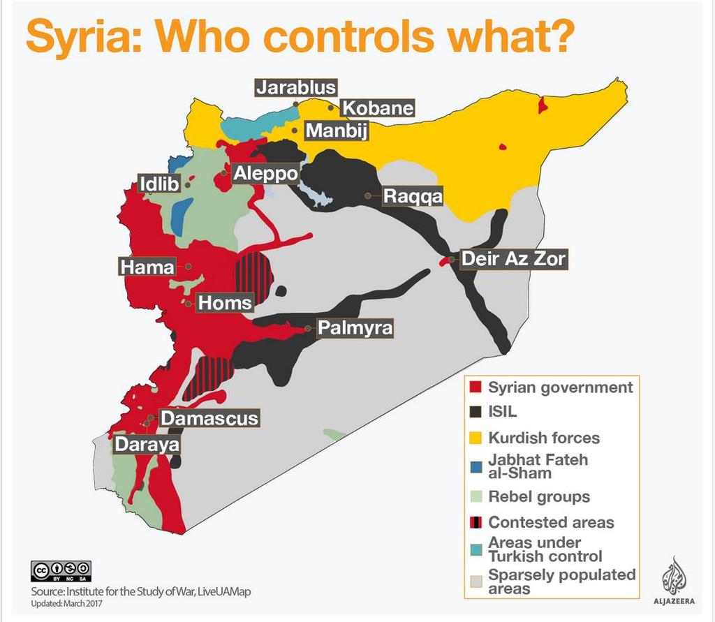 Situasjnen i Syria nå De største høyere utdanningsinstitusjnene befinner seg i mråder kntrllert av regimet (i rødt på dette kartet).