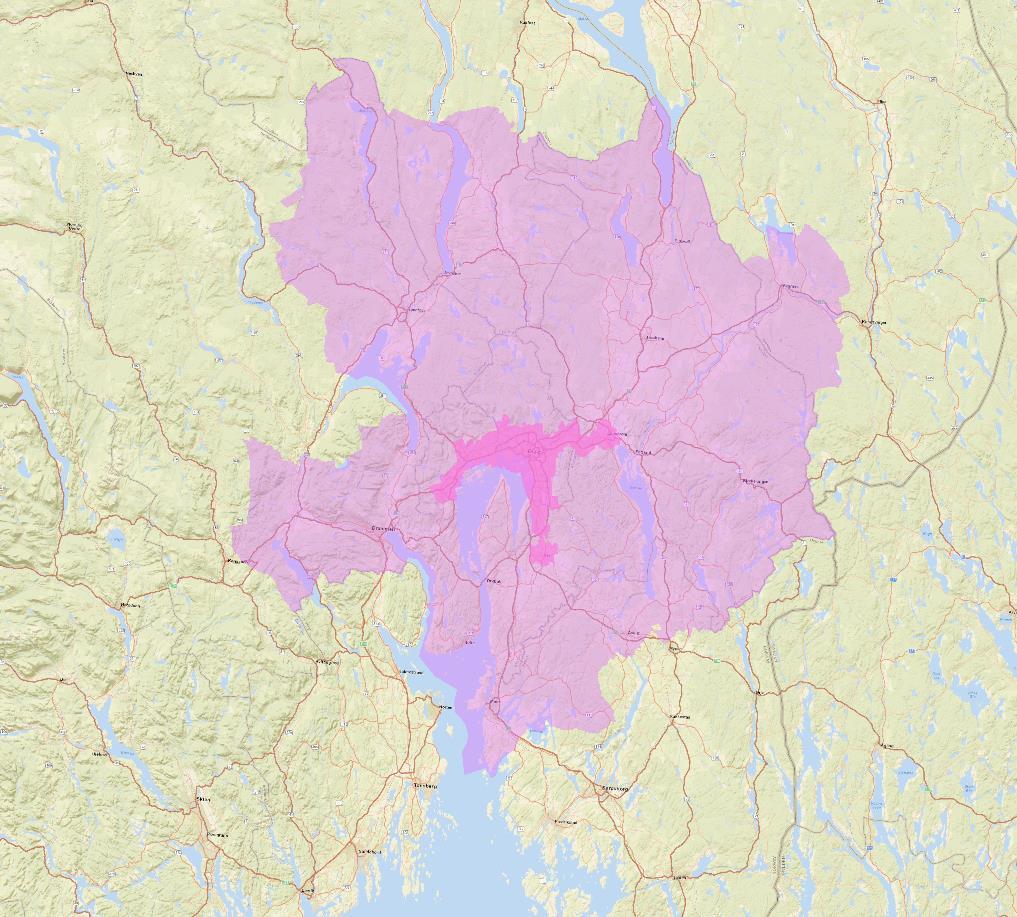 Figur 6-4 Modellområdet i RTM23+ (lys farge) og innkrevingsområdet for trafikantbetaling (mørkere farge) i KS1s sensitivitetsanalyse.