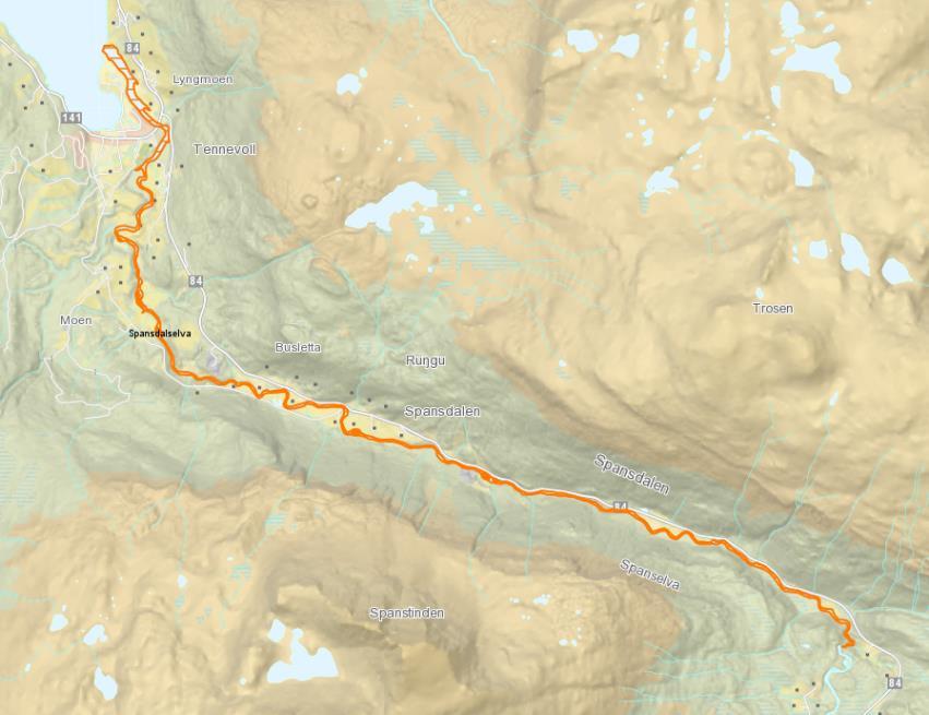 3.2 De enkelte elvene Spansdalselva Elva ble undersøkt 18/9 og sikten var 8-10 m. Det ble benyttet to drivtellere (V.Gjertsen og S.