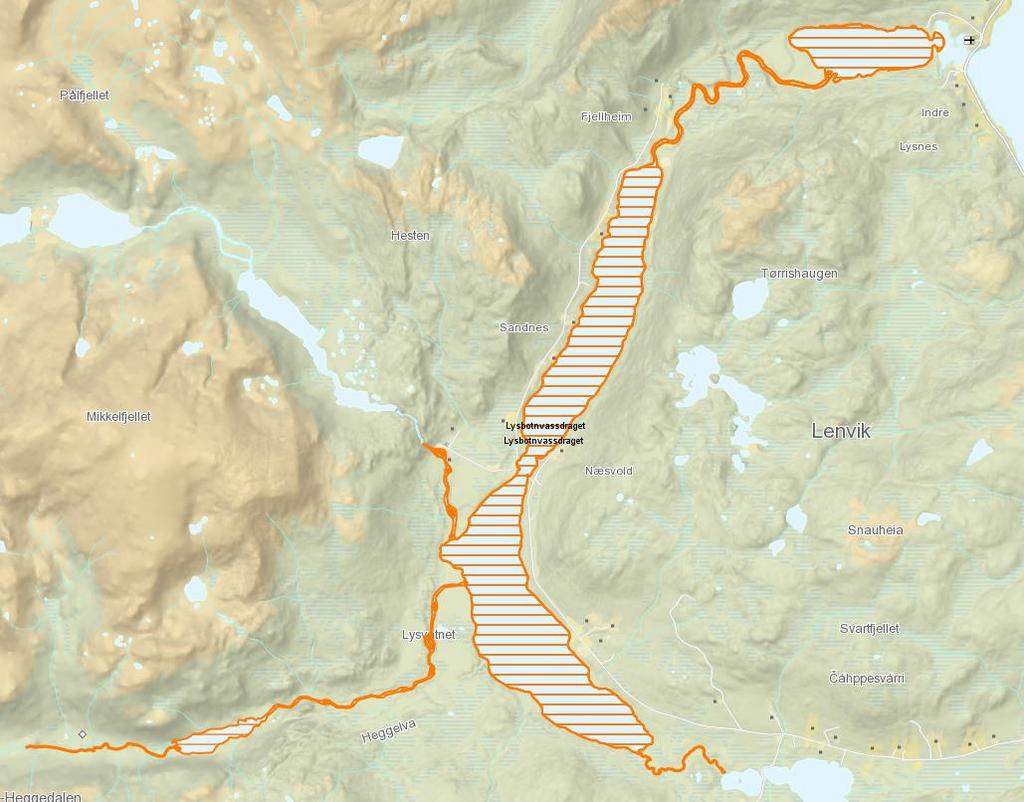 Figur 13 Lysbotnvassdraget. Elvestrekning oppført som lakseførende i Lakseregisteret er markert med oransje. Start- og stopp-punkt for drivtelling er markert med hhv. sort pil og rød strek.