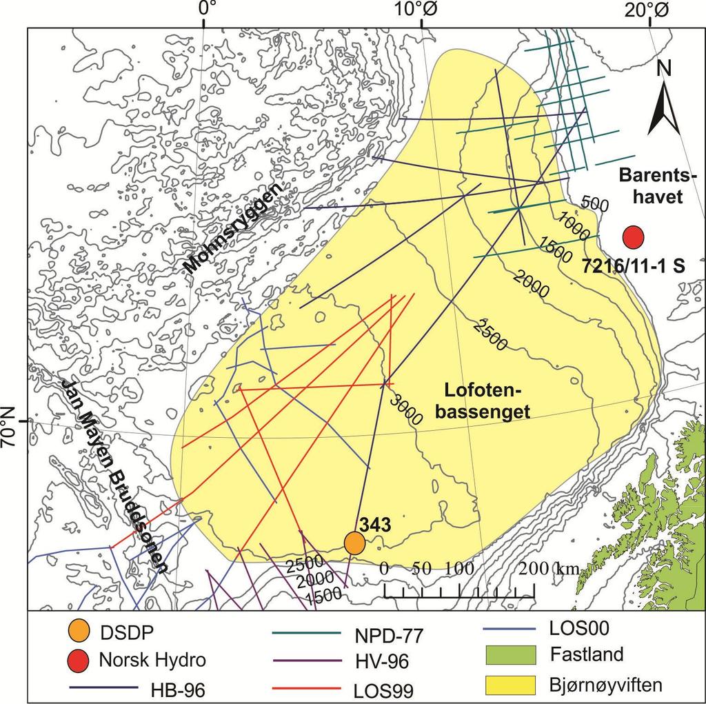 Resultater Lofotenbassenget 4.2. Lofotenbassenget Kontrasten i akustisk impedanse som skiller havbunnskorpen fra den kenozoiske sedimentpakken er tydelig i hele Lofotenbassenget (Fig. 4.16).