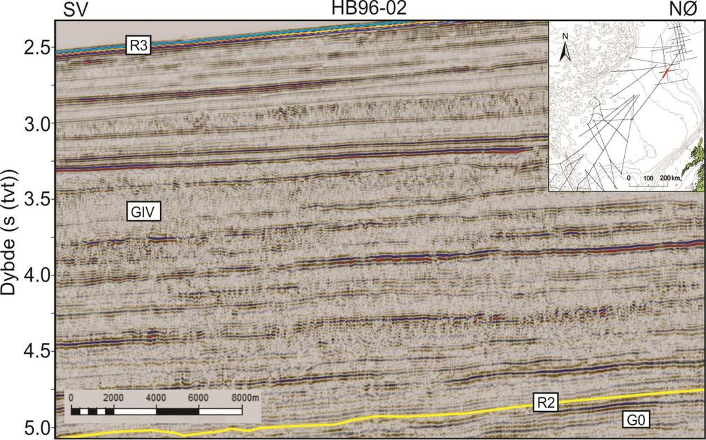 Lokasjonen til det seismiske profilet er markert med rød linje i kartet øverst til høyre. Fig. 4.21.