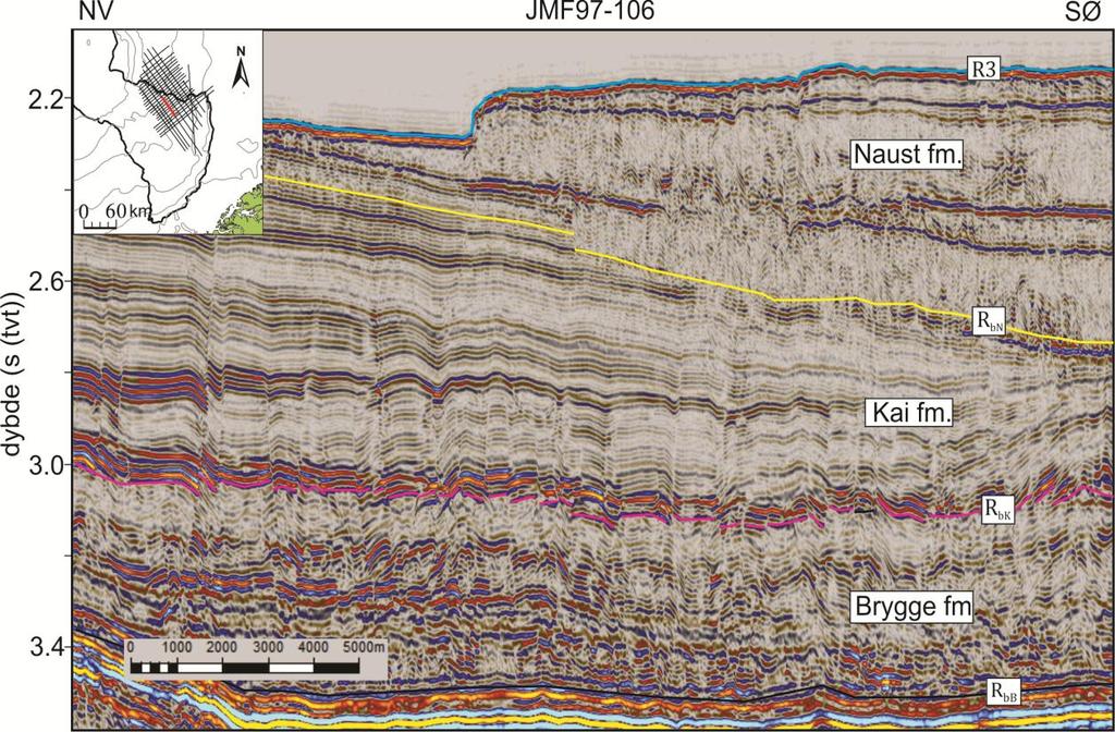Resultater Mørebassenget Kaiformasjonen (tidlig miocen sen pliocen): Formasjonen er avgrenset av bunn Kai (RbK) og bunn Naust (RbN), og består av parallelle reflektorer med middels til høy amplitude.