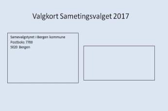 Sametingsvalget har 8 valgkretser, Bergen hører til Sør-Norge valgkrets. Det er laget egne stemmeseddelsett til sametingsvalget for Sør-Norge valgkrets.