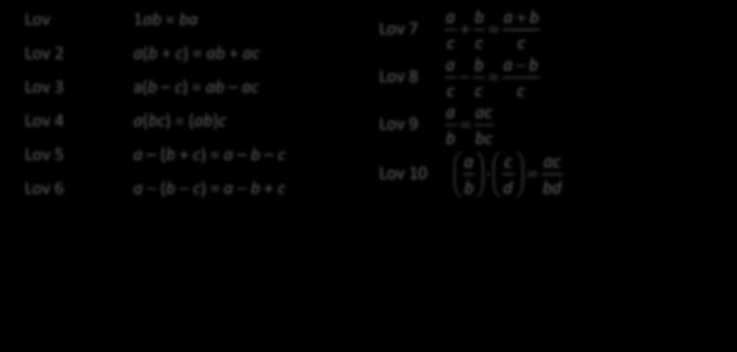 Det gjør formelen kortere. DE TI GRUNNLEGGENDE ALGEBRAISKE LOVENE Disse ti lovene er regler matematikerne har funnet ut at gjelder for regning med tall.