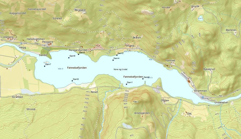 Metode Prøvefisket i Fønnebøfjorden ble gjennomført 5.- 6. september 2016 av Gunn- Hege Laugen og Håkon Gregersen. Det var 12,5 C vanntemperatur. Totalt ble det satt åtte bunngarn av nordisk serie.